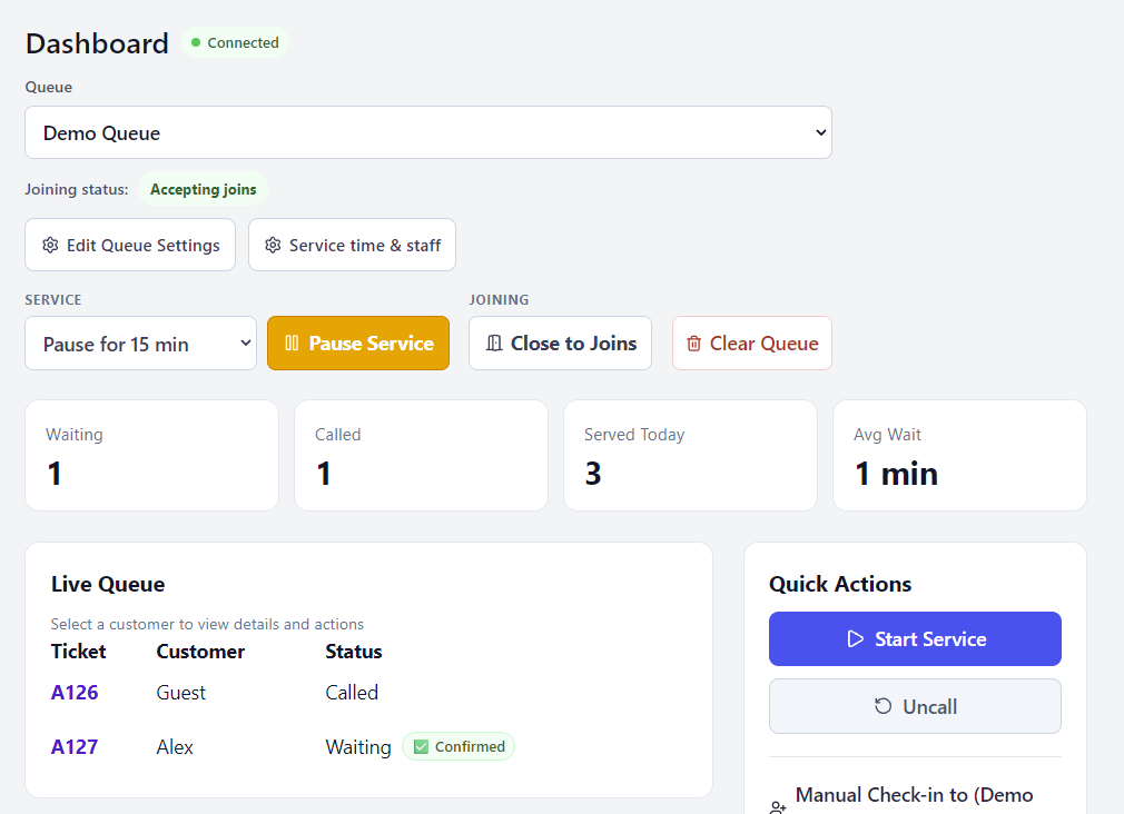 Dashboard controls for queue settings, service time and staff, pausing service and closing joins, with one waiting, one called and three served today.